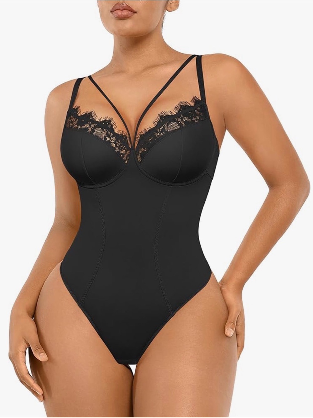 Sleek Black Lace-Trim Bodysuit Shapewear